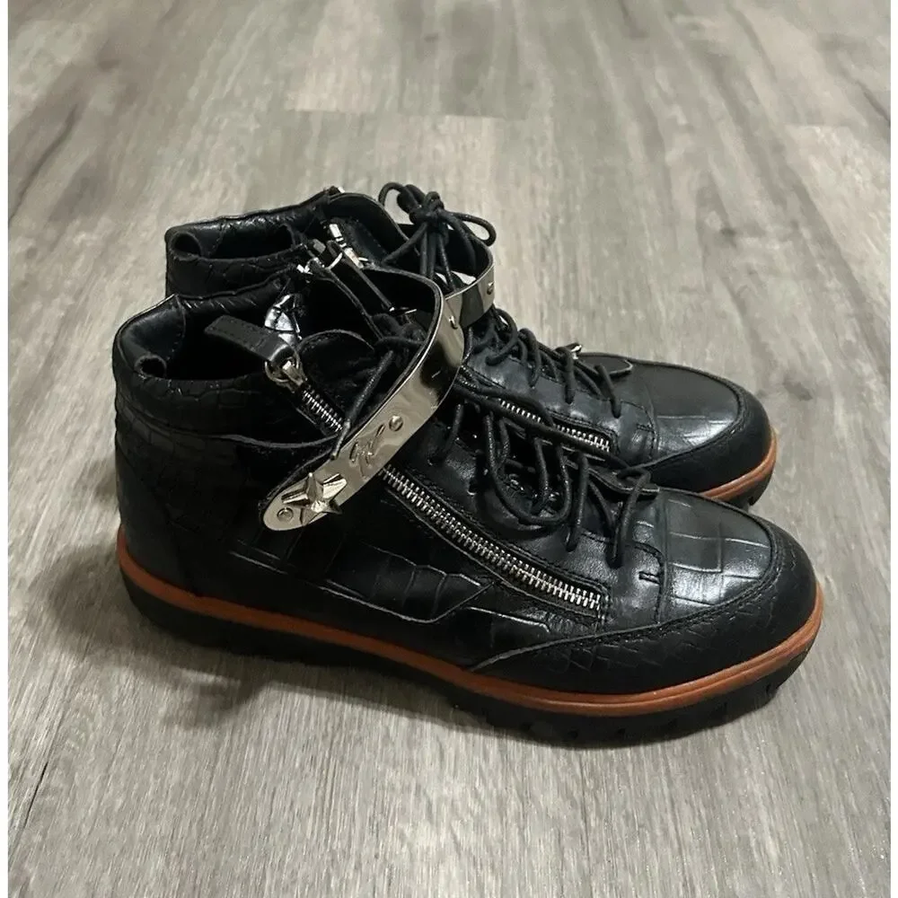 Giuseppe Zanotti Black Croc Embossed Leather High Top Sneakers Double Zip EU 39